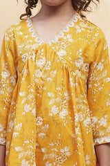 Girls Yellow Festive Regular Fit Printed Suit Set
