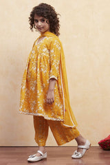 Girls Yellow Festive Regular Fit Printed Suit Set