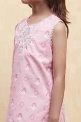 Girls Pink Festive Regular Fit Printed Suit Set