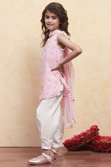 Girls Pink Festive Regular Fit Printed Suit Set