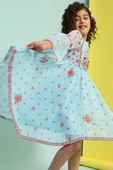 Girls Blue Casual Regular Fit Printed Dress