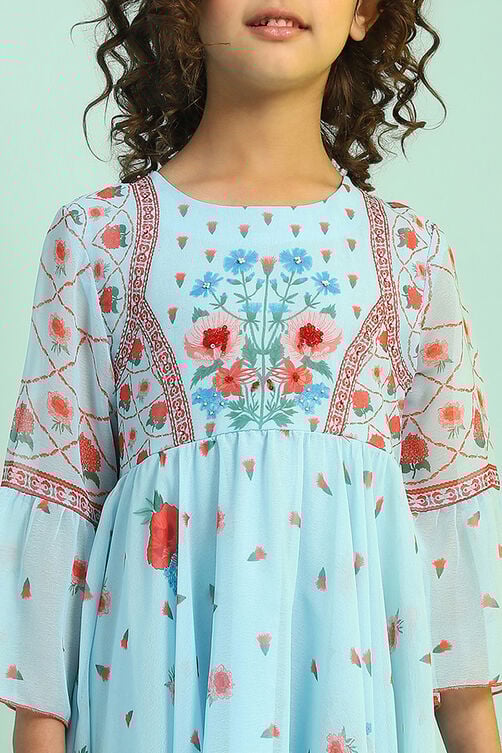 Girls Blue Casual Regular Fit Printed Dress