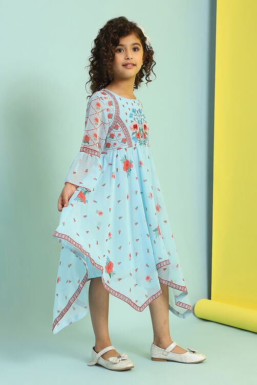 Girls Blue Casual Regular Fit Printed Dress