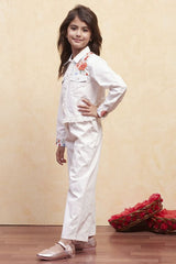 Girls White Festive Regular Fit Printed Top and Pant Set