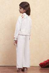 Girls White Festive Regular Fit Printed Top and Pant Set