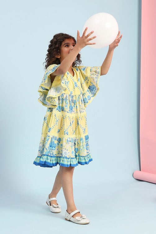 Girls Yellow Casual Regular Fit Printed Dress