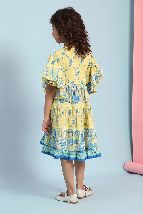 Girls Yellow Casual Regular Fit Printed Dress