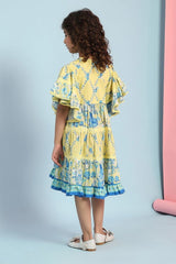 Girls Yellow Casual Regular Fit Printed Dress