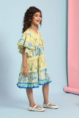 Girls Yellow Casual Regular Fit Printed Dress