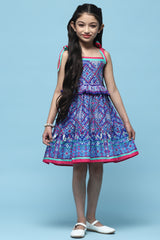 Girls Blue Casual Ethnic Motifs Print Dress