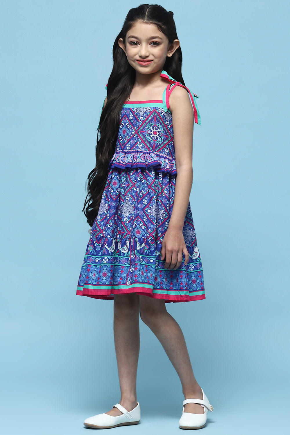 Girls Blue Casual Ethnic Motifs Print Dress