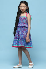 Girls Blue Casual Ethnic Motifs Print Dress