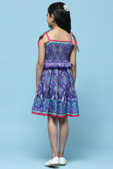 Girls Blue Casual Ethnic Motifs Print Dress