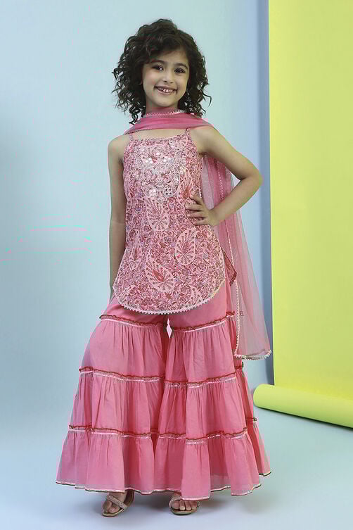 Girls Pink Festive Regular Fit Printed Suit Set
