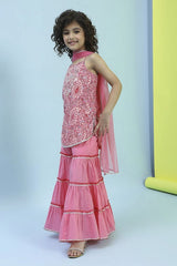 Girls Pink Festive Regular Fit Printed Suit Set