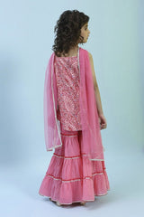 Girls Pink Festive Regular Fit Printed Suit Set