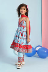 Girls Blue Festive Regular Fit Printed Suit Set