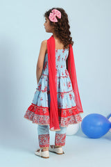 Girls Blue Festive Regular Fit Printed Suit Set