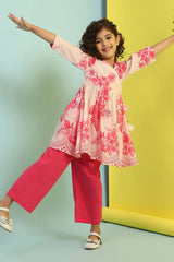 Girls Pink Festive Regular Fit Printed Kurta Set