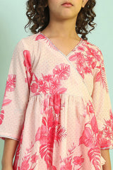 Girls Pink Festive Regular Fit Printed Kurta Set