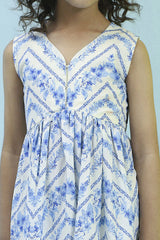 Girls Blue Cotton Floral Gathered Kurta Set