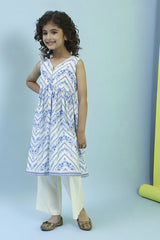 Girls Blue Cotton Floral Gathered Kurta Set
