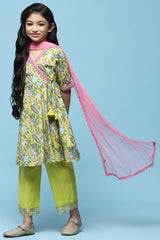 Girls Yellow Festive Regular Fit Printed Suit Set