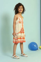 Girls Yellow Festive Regular Fit Printed Dress
