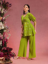 Women's Green Ethnic Motifs Embroidered V-Neck Sequinned Straight Kurta With Palazzo