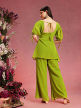 Women's Green Ethnic Motifs Embroidered V-Neck Sequinned Straight Kurta With Palazzo