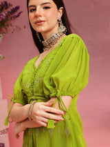 Women's Green Ethnic Motifs Embroidered V-Neck Sequinned Straight Kurta With Palazzo