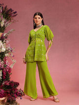 Women's Green Ethnic Motifs Embroidered V-Neck Sequinned Straight Kurta With Palazzo