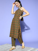 Women's Green Ethnic Motifs Printed Pure Cotton Kurta With Trouser