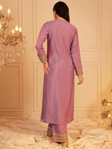 Women's Purple Ethnic Motifs Yoke Design Sequinned Straight Kurta with Trouser