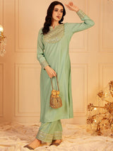 Women's Green Ethnic Motifs Yoke Design Sequinned Straight Kurta with Trouser