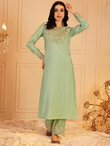 Women's Green Ethnic Motifs Yoke Design Sequinned Straight Kurta with Trouser
