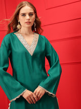 Women's Green V-Neck Straight Kurta With Trouser