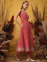 Women's Red Floral Printed Shoulder Straps Anarkali Kurta with Trouser