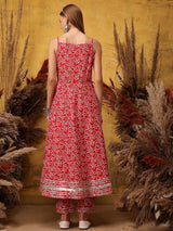 Women's Red Floral Printed Shoulder Straps Anarkali Kurta with Trouser