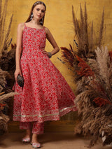 Women's Red Floral Printed Shoulder Straps Anarkali Kurta with Trouser