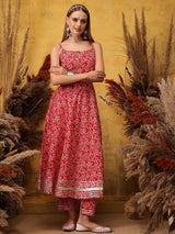 Women's Red Floral Printed Shoulder Straps Anarkali Kurta with Trouser