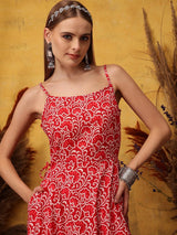 Women's Red Floral Printed Shoulder Straps Anarkali Kurta with Trouser