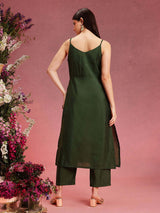Women's Green Floral Embroidered Shoulder Straps Straight Kurta With Trouser