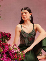 Women's Green Floral Embroidered Shoulder Straps Straight Kurta With Trouser