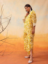 Women's Yellow Floral Printed Mandarin Collar Top With Trouser
