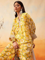 Women's Yellow Floral Printed Mandarin Collar Top With Trouser