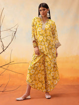 Women's Yellow Floral Printed Mandarin Collar Top With Trouser