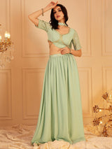 Women's Green Crop Top & Maxi Skirt With Dupatta Co-ords Set