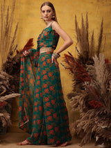 Women's Green Floral Printed Sweetheart Neck Top With Palazzo