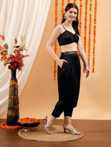 Women's Black Shoulder Straps Crop Top With Dhoti Pant & Jacket